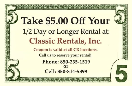 Classic Rentals coupon: take $5.00 off your half-day or longer rental, valid at all locations